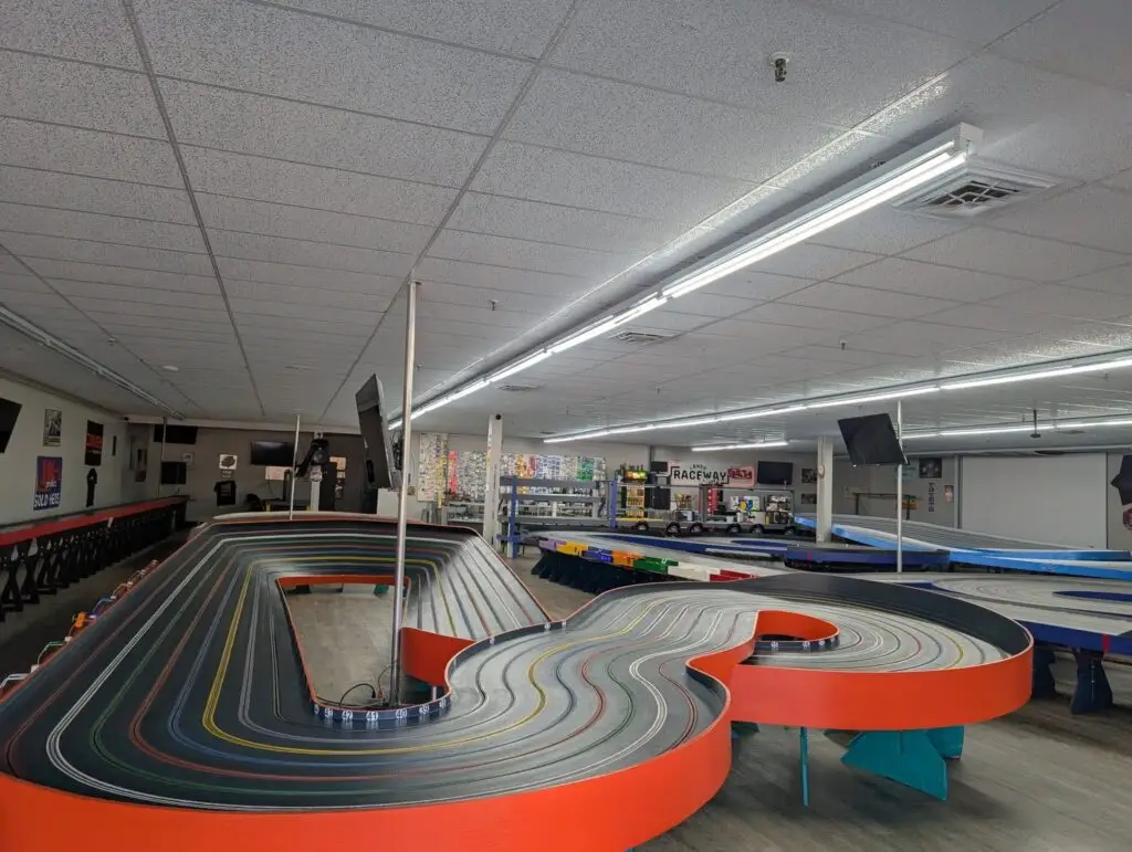 The orange-rail slot car track at Lanes Raceway